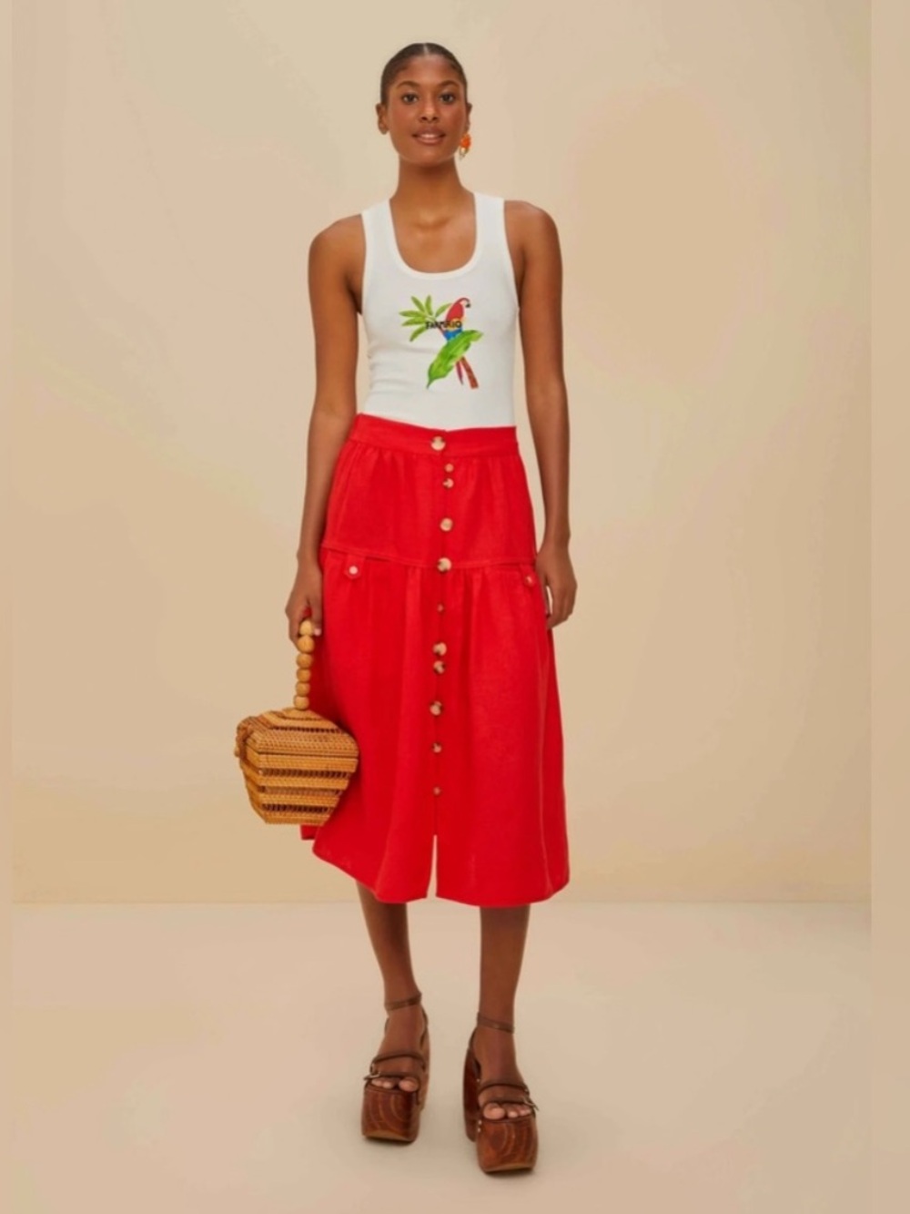 Farm Rio Red Button-Front Tiered Women's Skirt - Picture 2 of 4